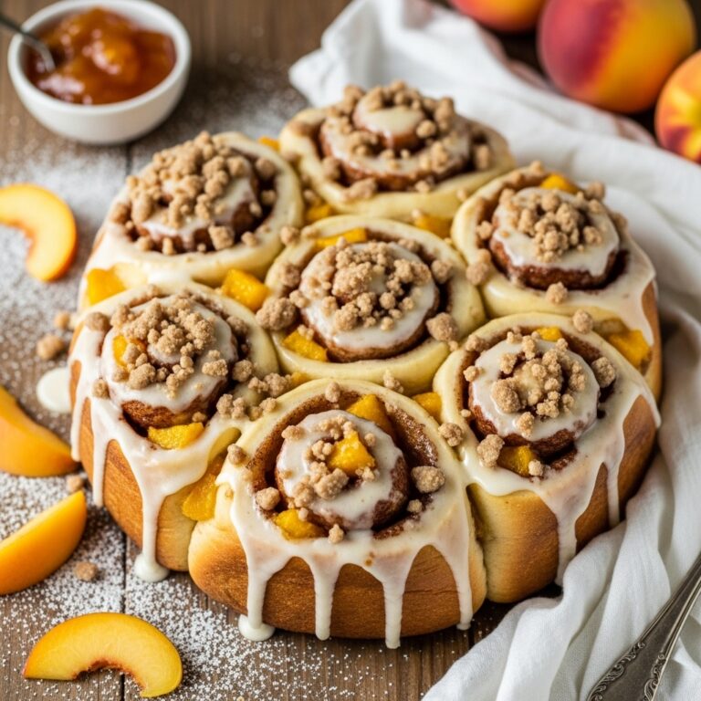 Peach Cobbler Cinnamon Rolls with Crumb Topping