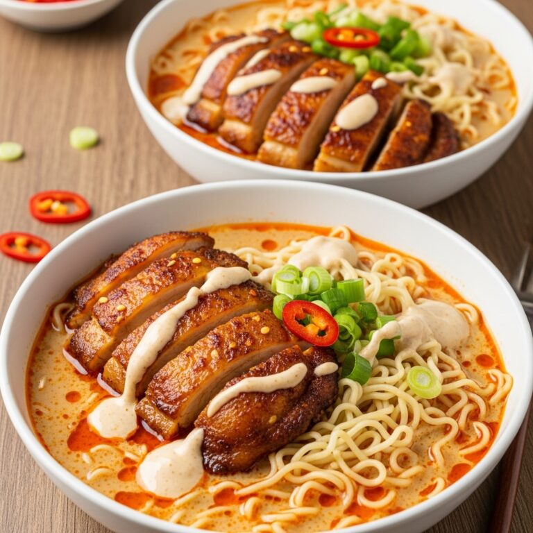 Fiery Chicken Ramen with Creamy Garlic Sauce